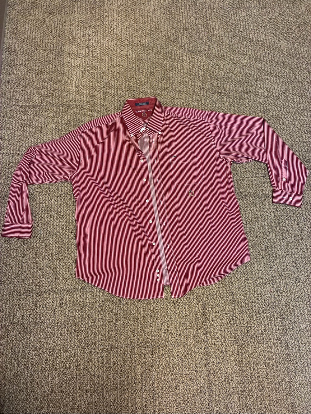 Vintage Tommy Hilfiger Men's Red Stripe Button-Down Shirt crest logo